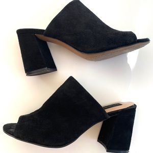STEVEN black suede peep toe mules